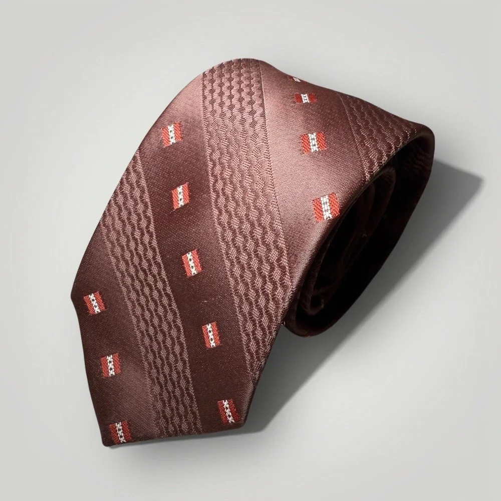 Givenchy Gentlemen Paris Silk Tie Brown Red Square Pattern Classic Formal